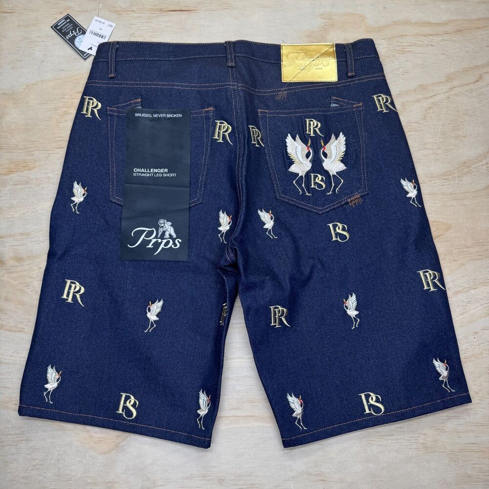 NEW PRPS Challenger Straight Leg Denim Shorts Indigo sz 36 Embroidered Crane